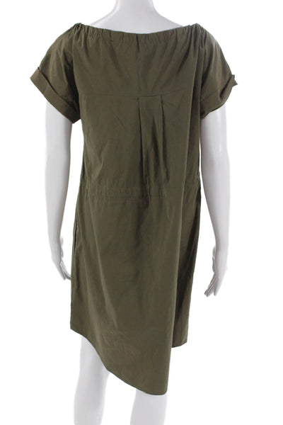Theory Women Green Cotton Shirt Dress Boat Neck Short Sleeve Knee Length Size S