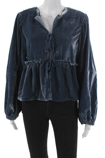 Free People Womens Blouse Blue V Neck Long Sleeve Tie Polyester Size S