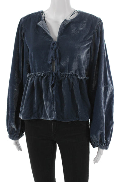 Free People Womens Blouse Blue V Neck Long Sleeve Tie Polyester Size S