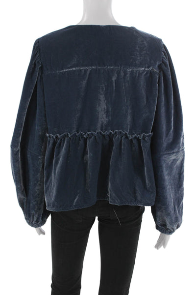 Free People Womens Blouse Blue V Neck Long Sleeve Tie Polyester Size S