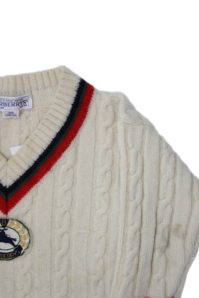 Burberrys Childrens Boys V Neck Cable Knit Sweater White Size 3-5