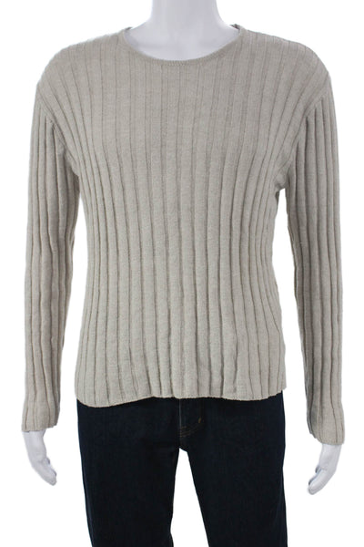 Zara Mens Pullover Sweater Striped Cotton Beige Long Sleeve Round Neck Size M