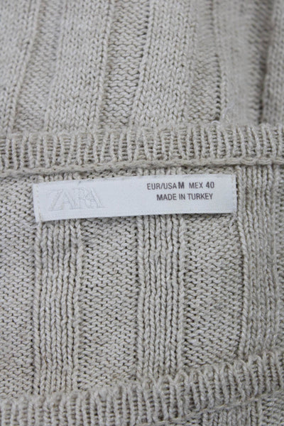 Zara Mens Pullover Sweater Striped Cotton Beige Long Sleeve Round Neck Size M