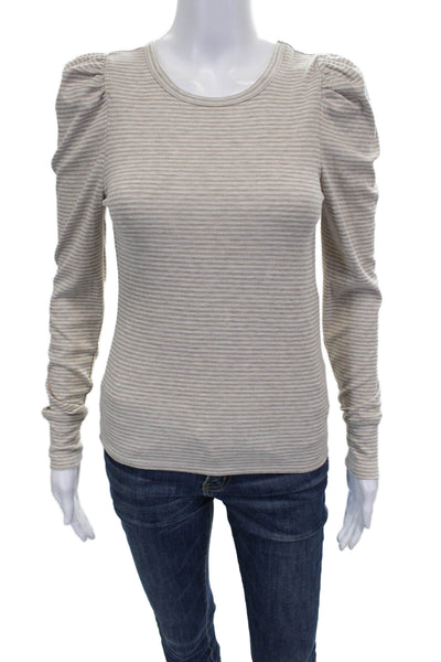 Splendid Women Striped Basic Long Sleeve T-Shirt Crew Neck Beige Size XS