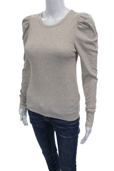 Splendid Women Striped Basic Long Sleeve T-Shirt Crew Neck Beige Size XS