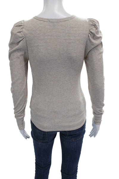 Splendid Women Striped Basic Long Sleeve T-Shirt Crew Neck Beige Size XS