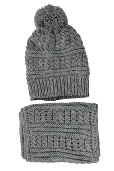 Collection 18 Womens Metallic Crochet Knit Pom Pom Beanie Hat Scarf Set Gray