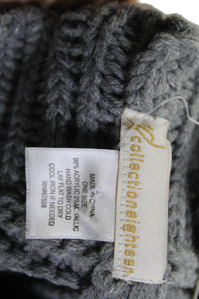 Collection 18 Womens Metallic Crochet Knit Pom Pom Beanie Hat Scarf Set Gray