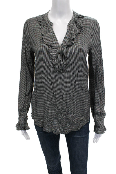 Paige Women Basic Black Check V-Neck Long Sleeve Blouse Pullover Size XS