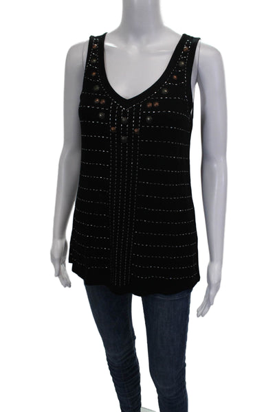Calvin Klein Womens Basic Black Striped V-Neck Rayon Tank Sleeveless Size XS
