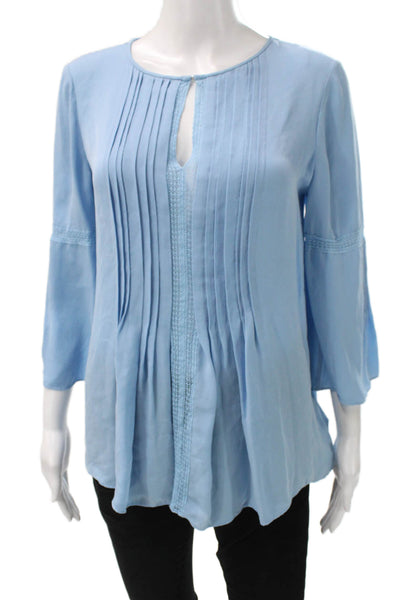 Elie Tahari Womens Silk Tunic Blouse Blue 3/4 Sleeve Round Neck Size S