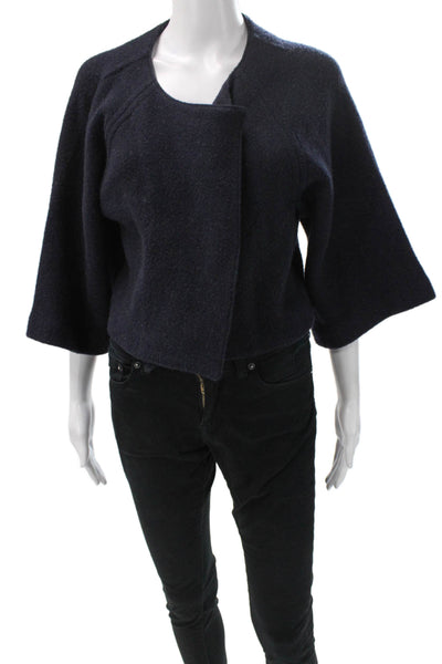 DKNY Women Blue Wool Jacket 3/4 Sleeve Snap Closure Size S