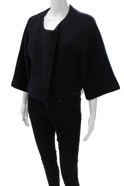 DKNY Women Blue Wool Jacket 3/4 Sleeve Snap Closure Size S