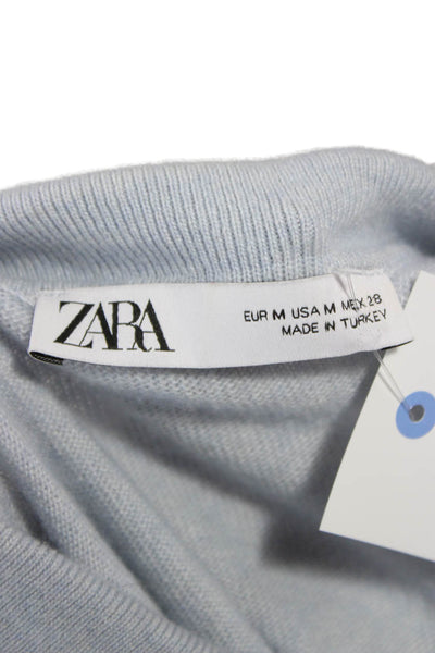 Zara Women Collared Pullover Sweater Blue Polyester Blend Long Sleeve Size M