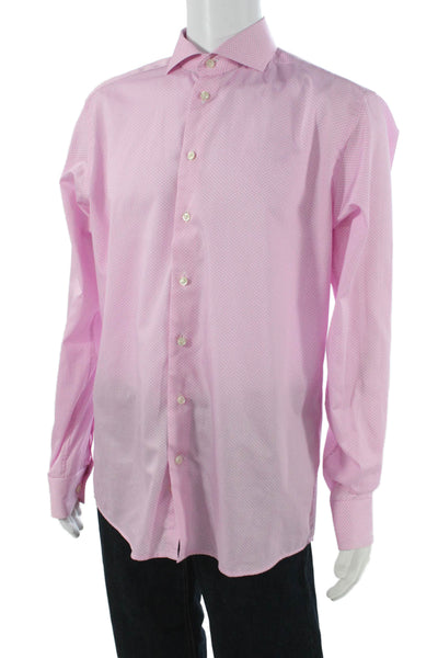 Eton Mens Button Up Dress Shirt Pink Polka Dot Cotton Long Sleeve Size M