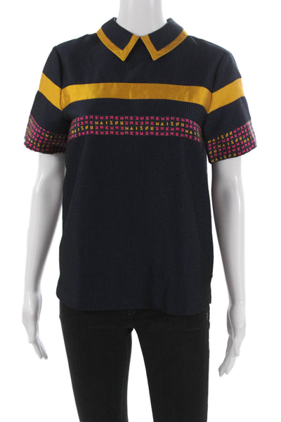 Scotch & Soda Women Blue Check Collared Short Sleeve Polyester Polo Zip Size S