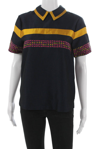 Scotch & Soda Women Blue Check Collared Short Sleeve Polyester Polo Zip Size S