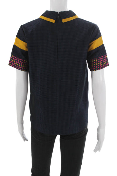 Scotch & Soda Women Blue Check Collared Short Sleeve Polyester Polo Zip Size S