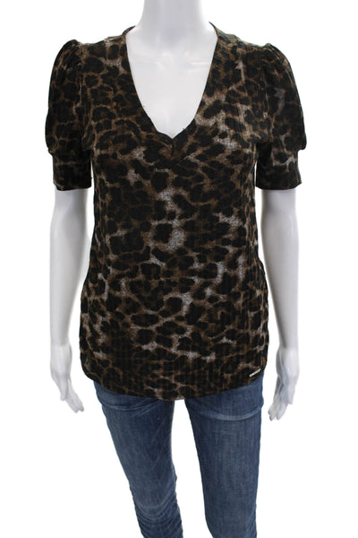 DKNY Women Blouse Black Animal Print V-Neck Polyester Short Sleeve Size XS