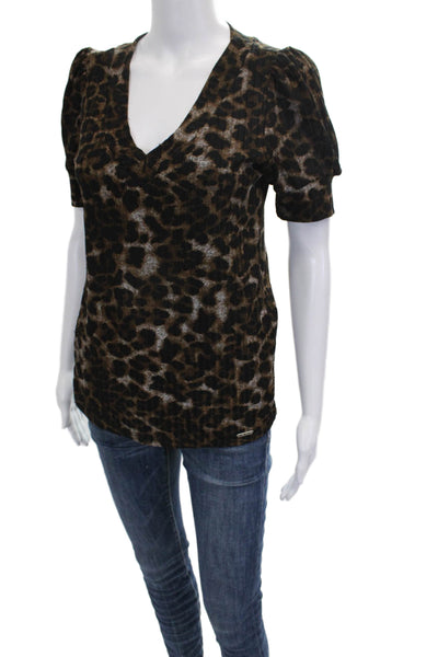 DKNY Women Blouse Black Animal Print V-Neck Polyester Short Sleeve Size XS
