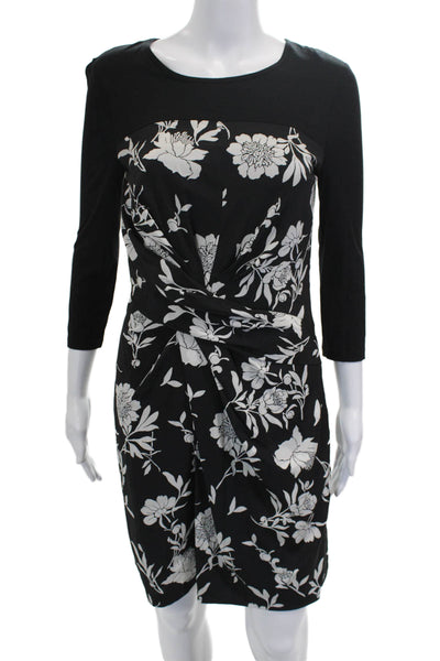 DKNY Womens Sheath Dress Black Floral Viscose 3/4 Sleeve Size 2
