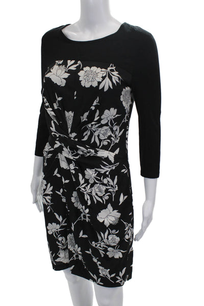 DKNY Womens Sheath Dress Black Floral Viscose 3/4 Sleeve Size 2