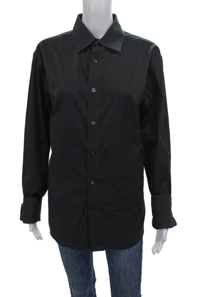 Theory Mens Blouse Button-Up Black Cotton Collared Long Sleeve Size XL