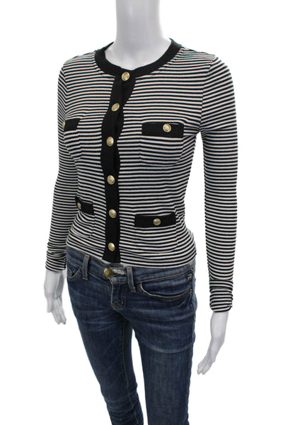 J Crew Women Black Striped Cotton Crew Neck Long Sleeve Button-Up Top Size 2XS