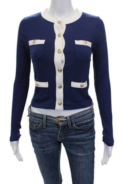 J Crew Women Blue Cotton Crew Neck Solid Long Sleeve Cardigan Size XS