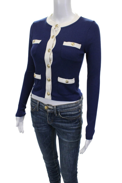 J Crew Women Blue Cotton Crew Neck Solid Long Sleeve Cardigan Size XS