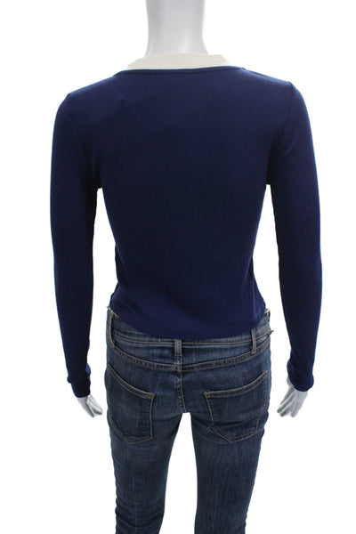 J Crew Women Blue Cotton Crew Neck Solid Long Sleeve Cardigan Size XS