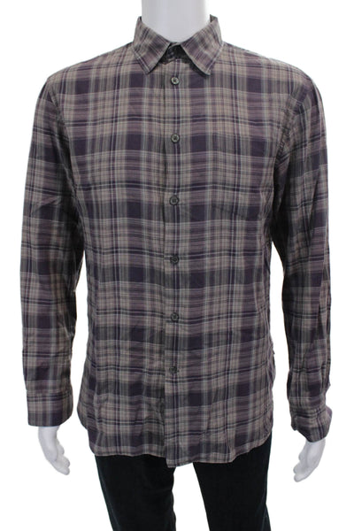 John Varvatos Mens Cotton Collared Plaid Button Down Shirt Purple Size M