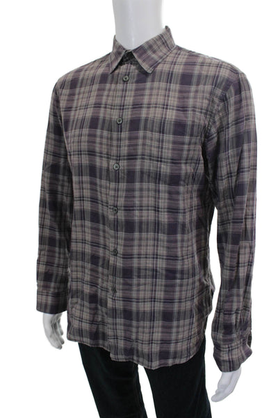 John Varvatos Mens Cotton Collared Plaid Button Down Shirt Purple Size M