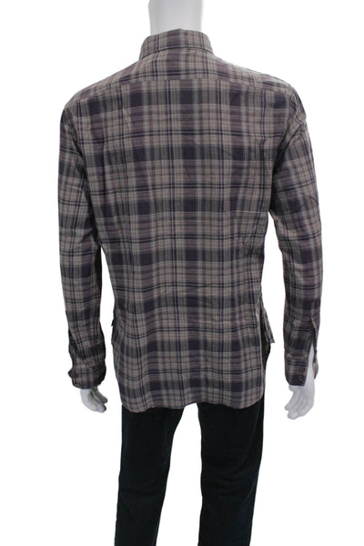 John Varvatos Mens Cotton Collared Plaid Button Down Shirt Purple Size M