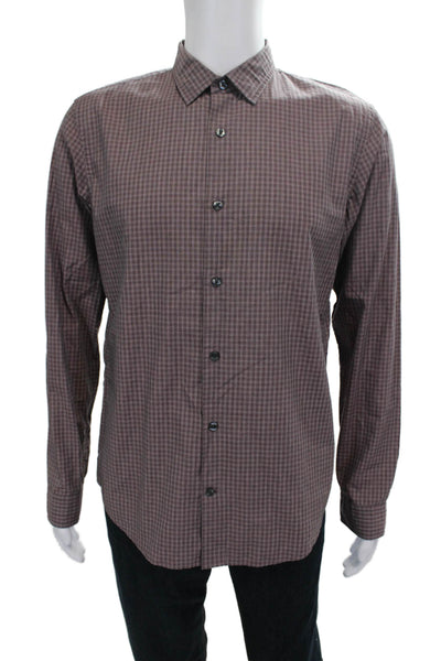 Vince Mens Cotton Collared Long Sleeve Geometric Print Button Down Brown Size M