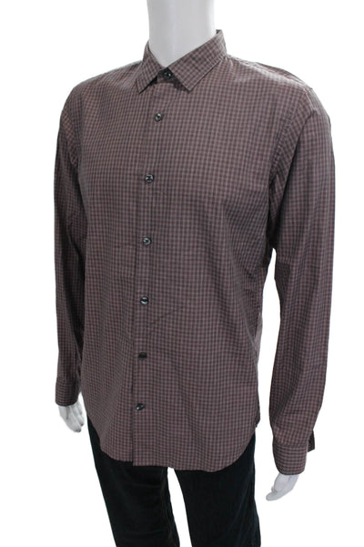 Vince Mens Cotton Collared Long Sleeve Geometric Print Button Down Brown Size M