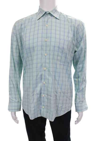 Peter Millar Mens Cotton Long Sleeve Plaid Print Button Down Blue Size M