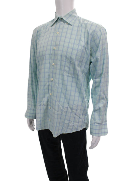 Peter Millar Mens Cotton Long Sleeve Plaid Print Button Down Blue Size M