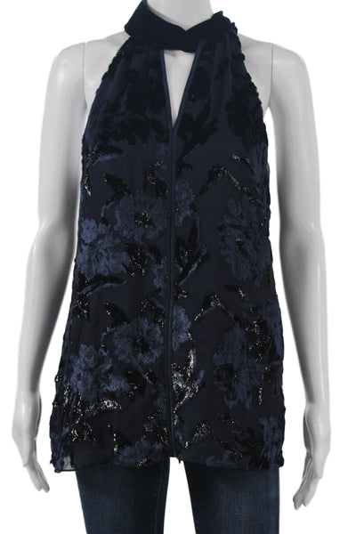 Elie Tahari Women Halter Floral Viscose Tunic Blouse Sleeveless Blue Size S