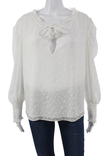 Misa Womens Basic V-Neck Polka Dot Tie Blouse Long Sleeve White Size M