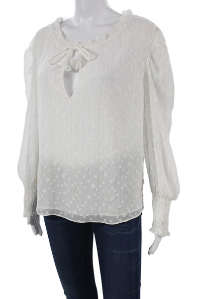 Misa Womens Basic V-Neck Polka Dot Tie Blouse Long Sleeve White Size M