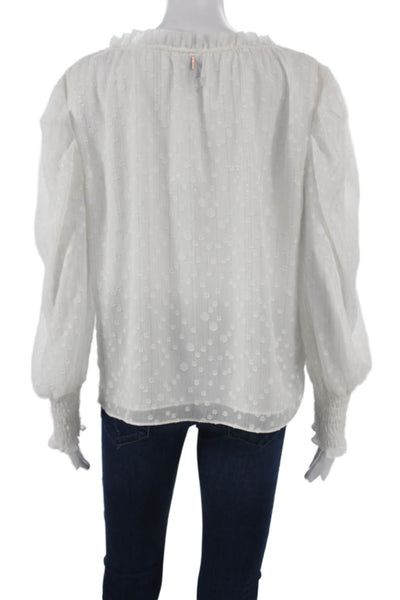 Misa Womens Basic V-Neck Polka Dot Tie Blouse Long Sleeve White Size M