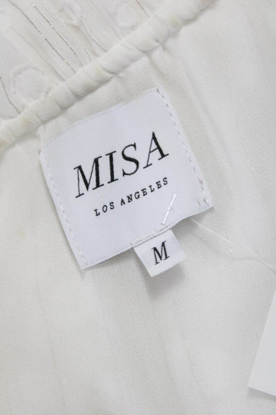 Misa Womens Basic V-Neck Polka Dot Tie Blouse Long Sleeve White Size M