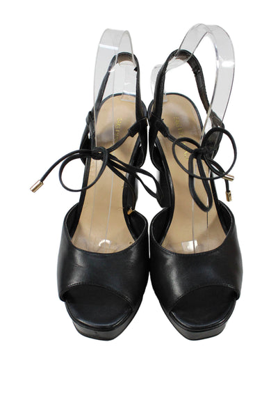 Saks Fifth Avenue Womens Leather Platform Slingbacks Heels Black Size 8 Medium