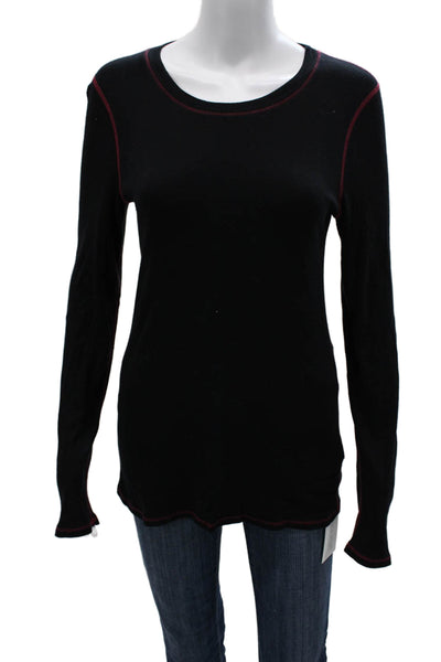 Three Dots Women Basic Long Sleeve Crew Neck Supima Cotton T-Shirt Black Size L
