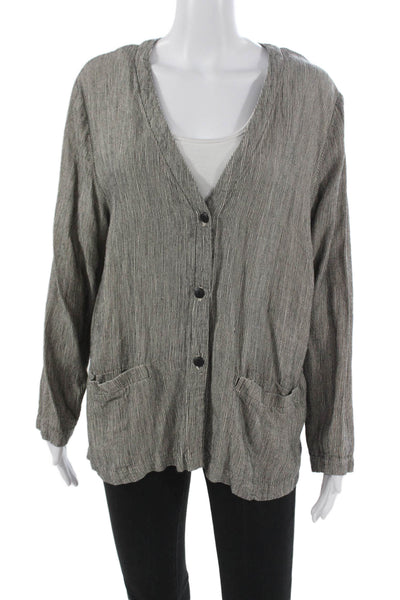 Eileen Fisher Womens Gray Striped Rayon V-Neck Cardigan Sweater Button Size 2