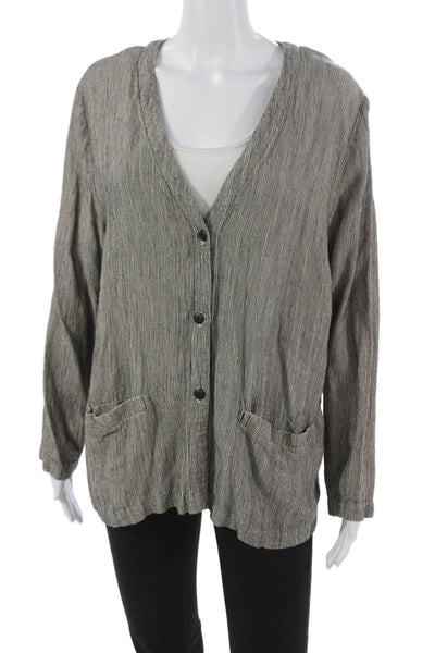 Eileen Fisher Womens Gray Striped Rayon V-Neck Cardigan Sweater Button Size 2