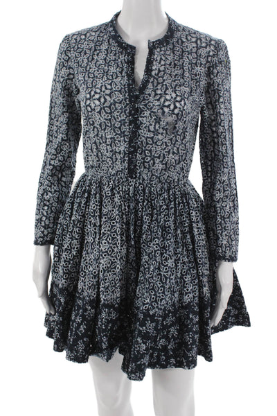 Maje Womens Fit & Flare Dress Blue Floral V-Neck Long Sleeve Cotton Size 2