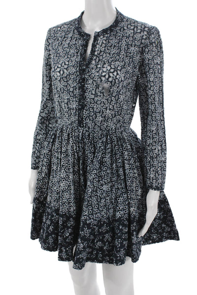 Maje Womens Fit & Flare Dress Blue Floral V-Neck Long Sleeve Cotton Size 2