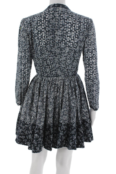 Maje Womens Fit & Flare Dress Blue Floral V-Neck Long Sleeve Cotton Size 2
